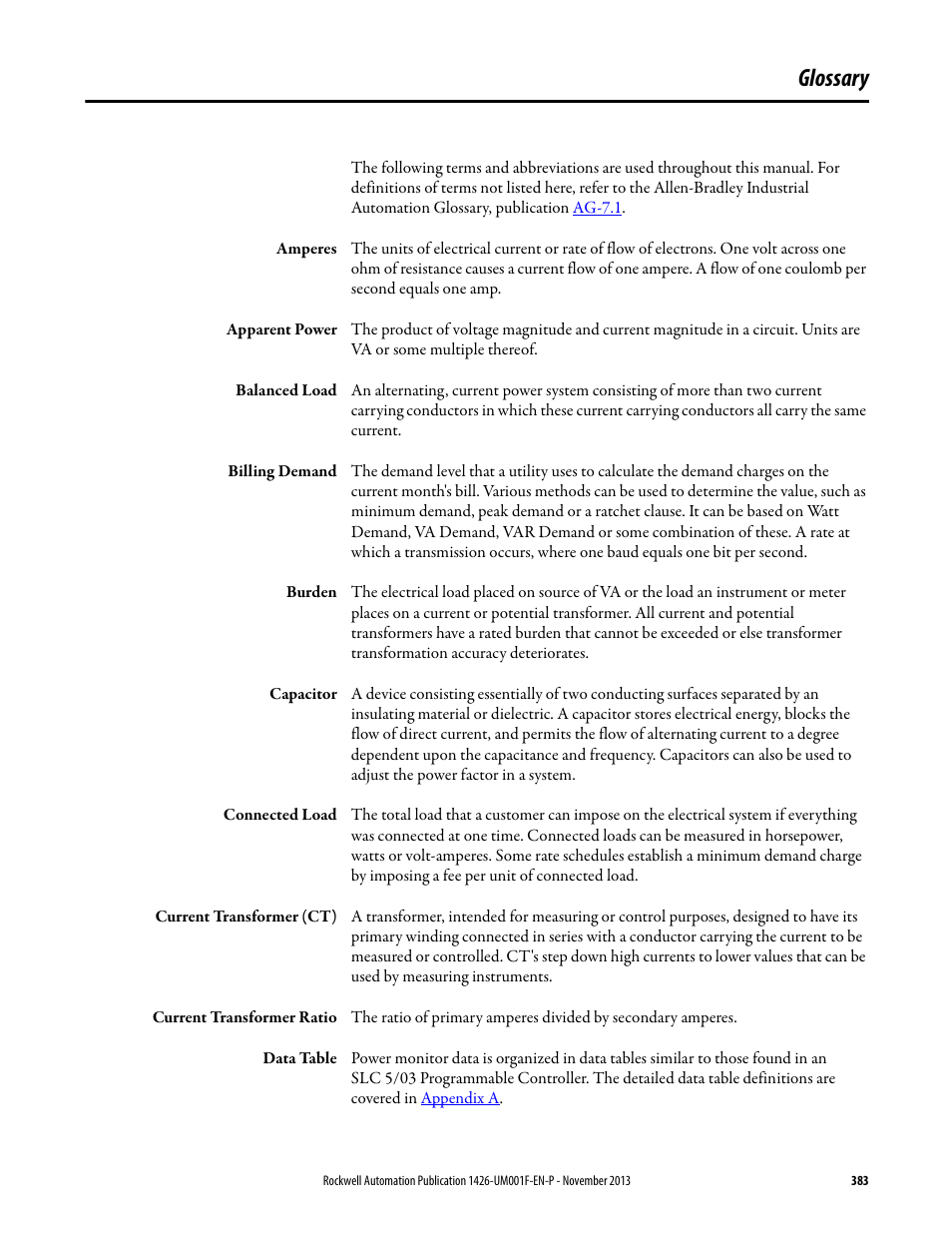 Glossary | Rockwell Automation 1426 PowerMonitor 5000 Unit User Manual | Page 383 / 396