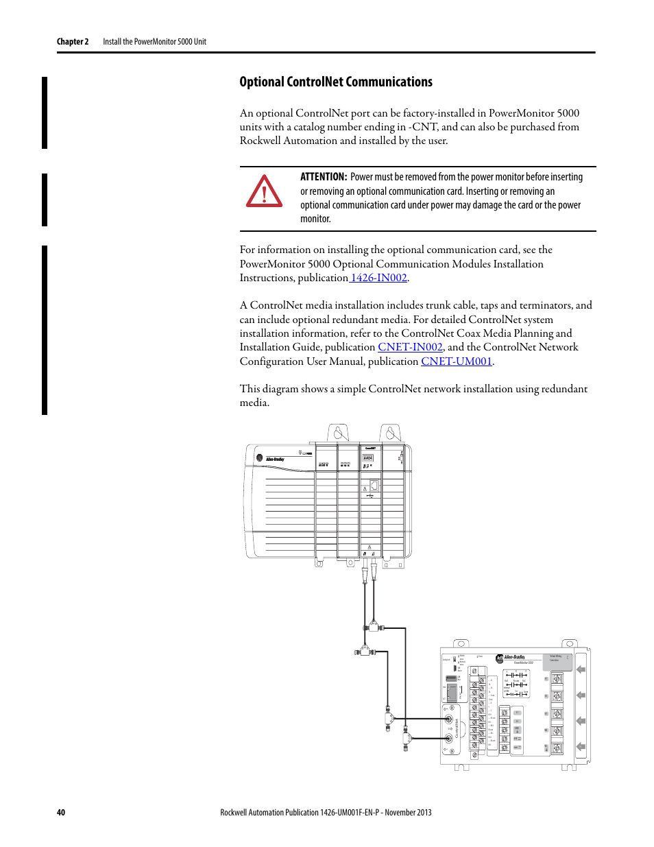 Optional controlnet communications | Rockwell Automation 1426 PowerMonitor 5000 Unit User Manual | Page 40 / 396