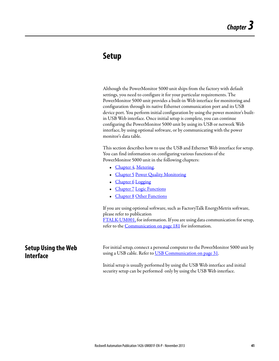 Setup, Setup using the web interface, Chapter 3 | Chapter | Rockwell Automation 1426 PowerMonitor 5000 Unit User Manual | Page 41 / 396