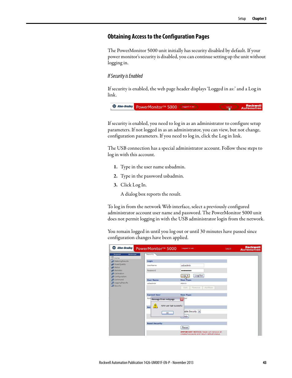 Obtaining access to the configuration pages | Rockwell Automation 1426 PowerMonitor 5000 Unit User Manual | Page 43 / 396