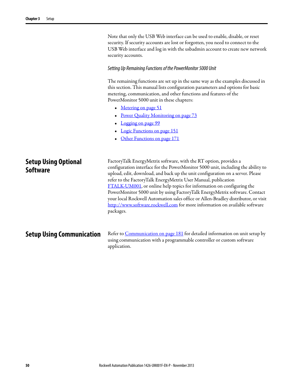 Setup using optional software, Setup using communication | Rockwell Automation 1426 PowerMonitor 5000 Unit User Manual | Page 50 / 396