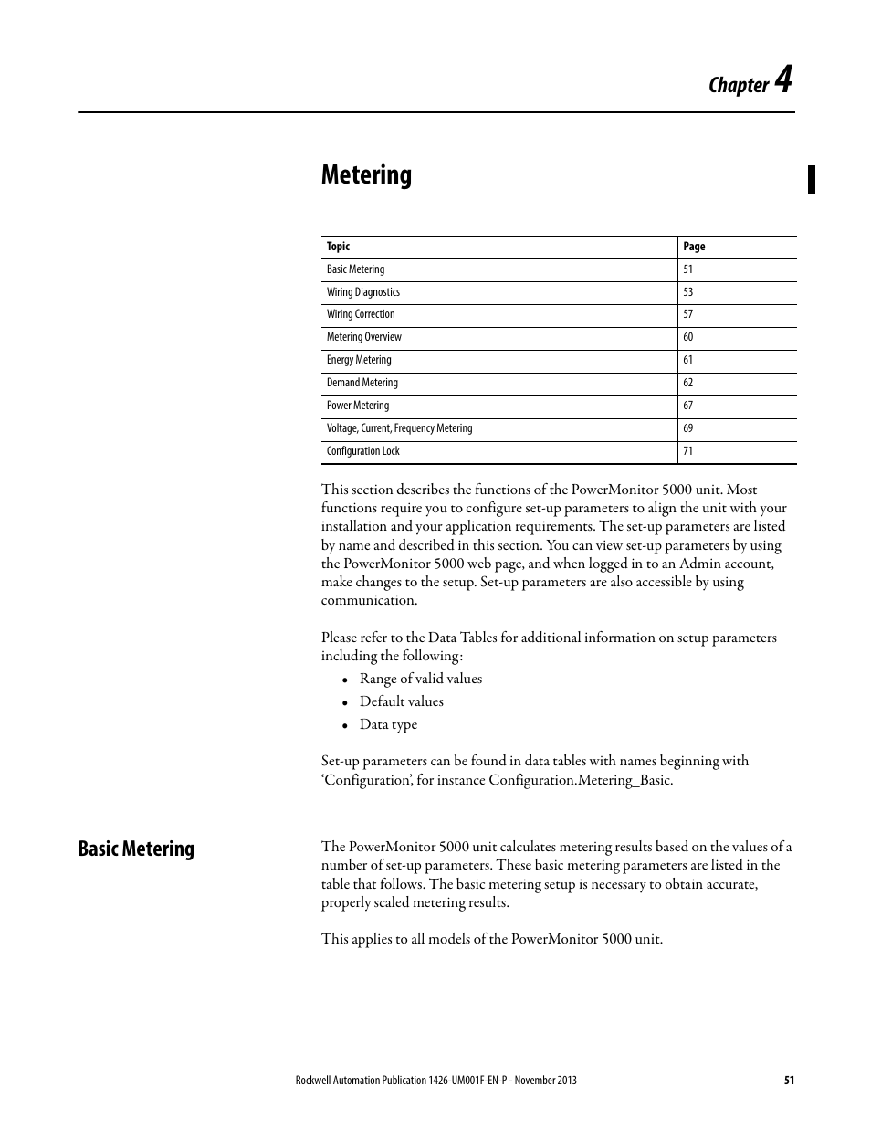 Metering, Basic metering, Chapter 4 | Chapter | Rockwell Automation 1426 PowerMonitor 5000 Unit User Manual | Page 51 / 396