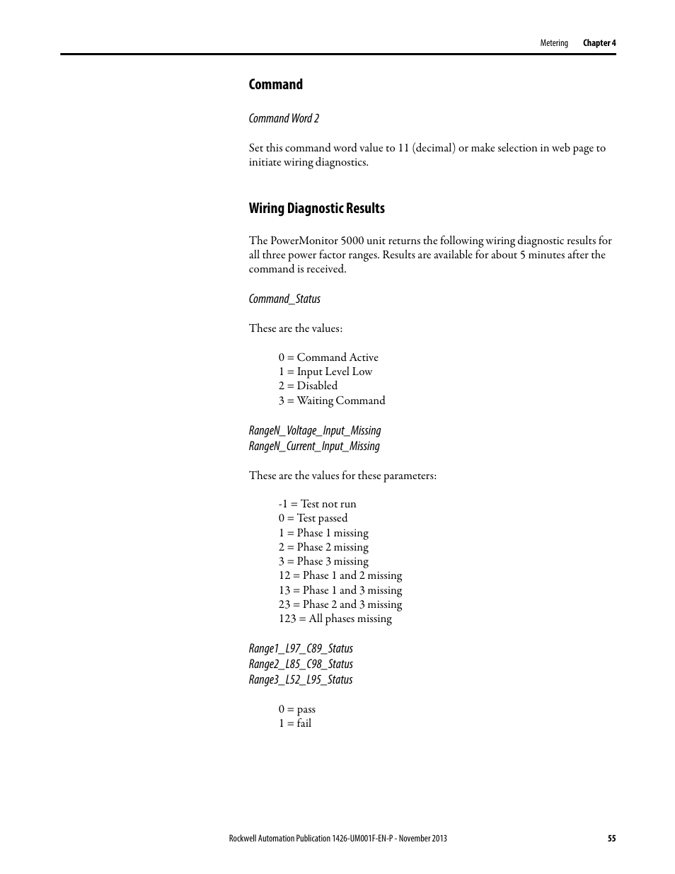 Command, Wiring diagnostic results | Rockwell Automation 1426 PowerMonitor 5000 Unit User Manual | Page 55 / 396