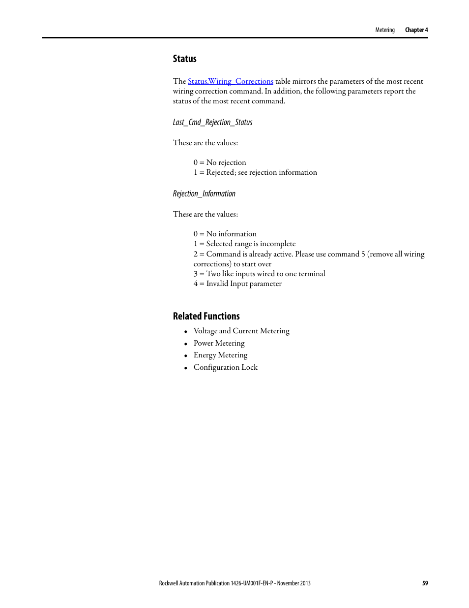 Status, Related functions | Rockwell Automation 1426 PowerMonitor 5000 Unit User Manual | Page 59 / 396