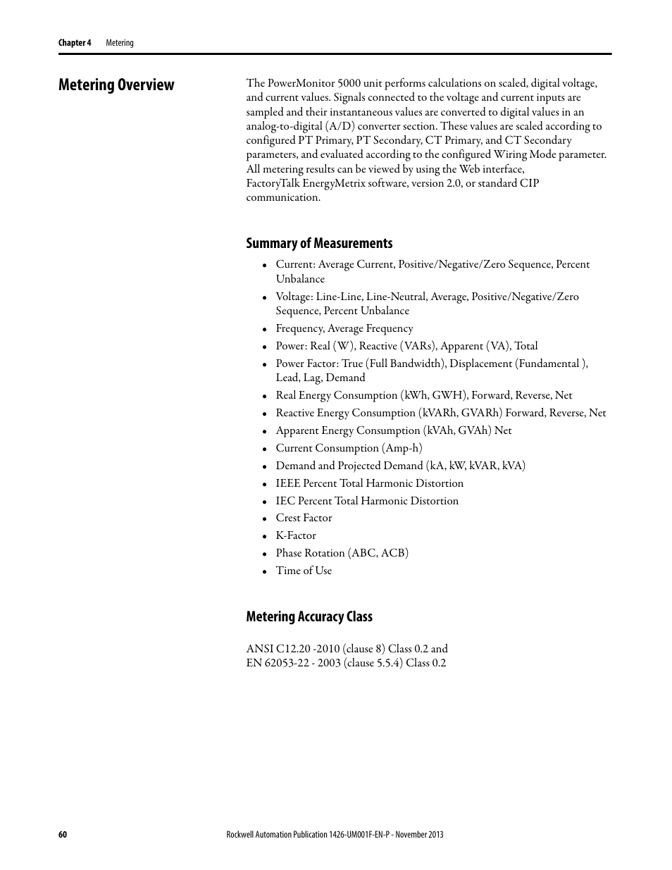 Metering overview, Summary of measurements, Metering accuracy class | Rockwell Automation 1426 PowerMonitor 5000 Unit User Manual | Page 60 / 396