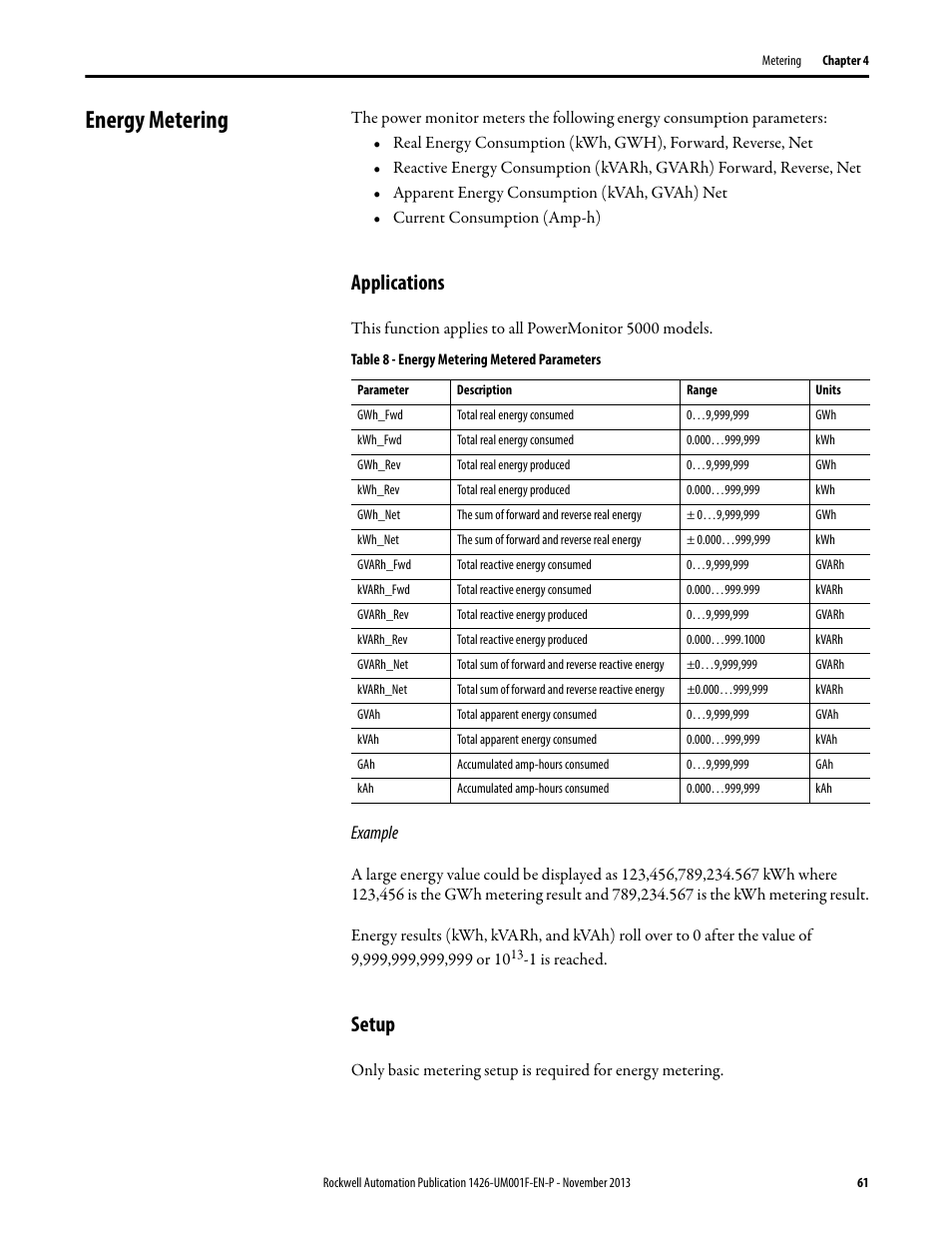 Energy metering, Applications, Setup | Rockwell Automation 1426 PowerMonitor 5000 Unit User Manual | Page 61 / 396