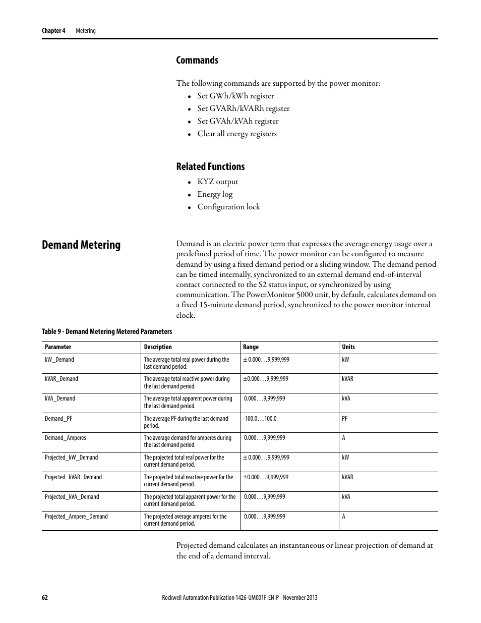 Commands, Related functions, Demand metering | Rockwell Automation 1426 PowerMonitor 5000 Unit User Manual | Page 62 / 396