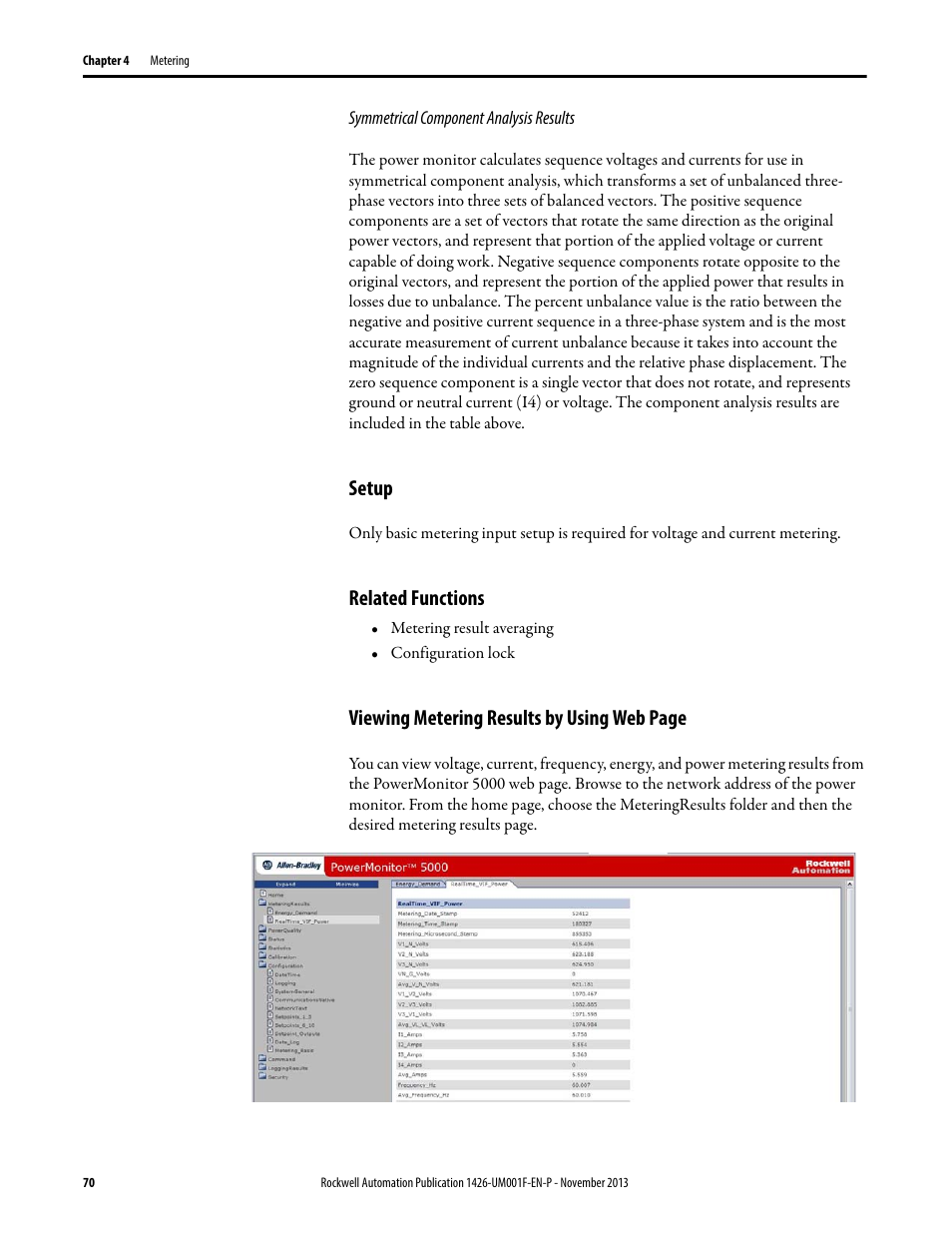 Setup, Related functions, Viewing metering results by using web page | Rockwell Automation 1426 PowerMonitor 5000 Unit User Manual | Page 70 / 396