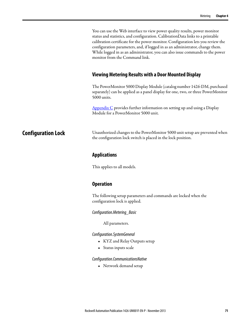 Configuration lock, Applications, Operation | Rockwell Automation 1426 PowerMonitor 5000 Unit User Manual | Page 71 / 396