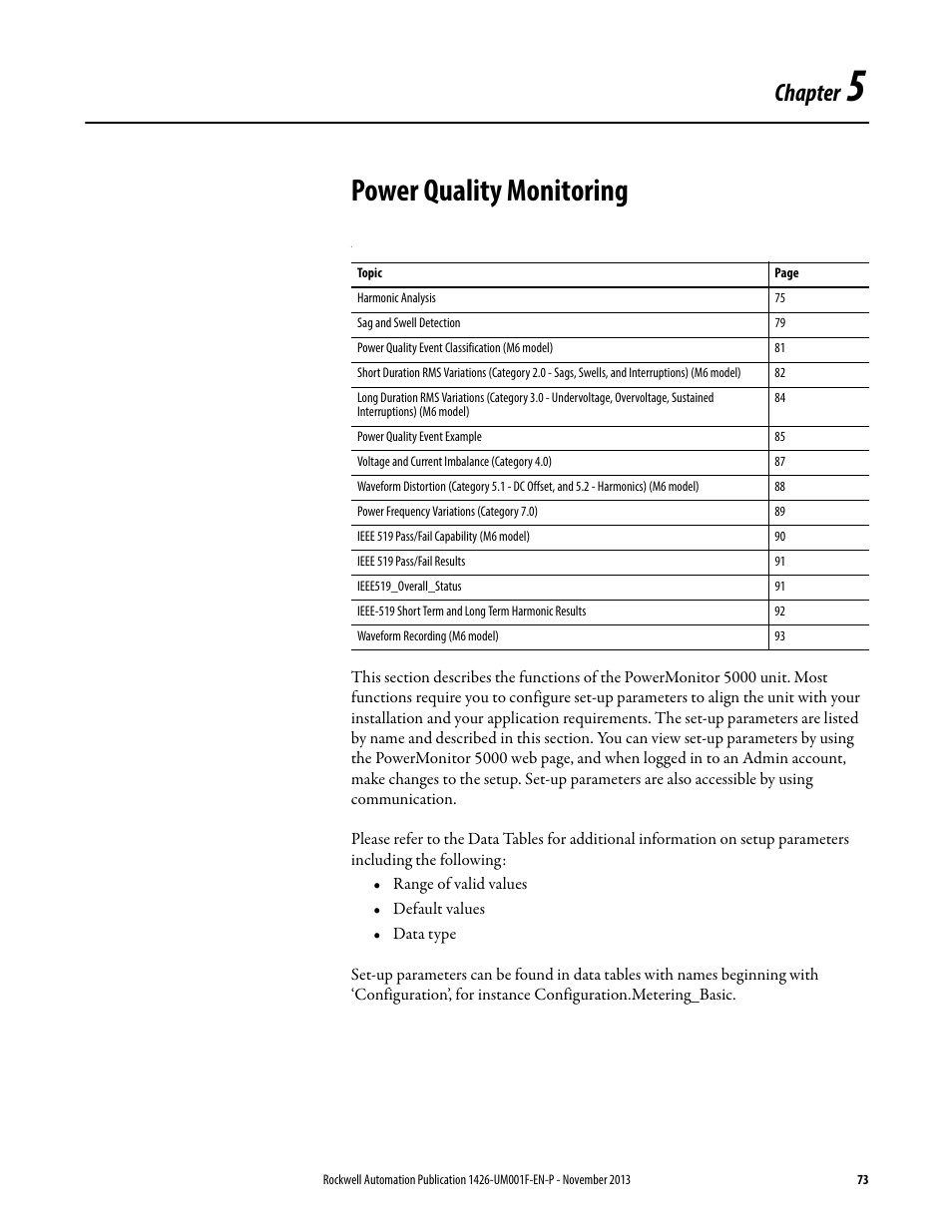 Power quality monitoring, Chapter 5, Chapter | Rockwell Automation 1426 PowerMonitor 5000 Unit User Manual | Page 73 / 396