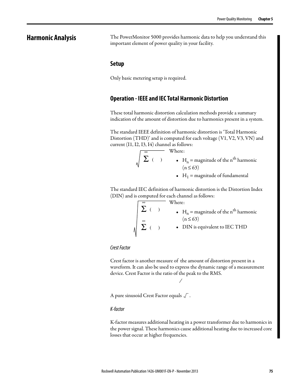 Harmonic analysis, Setup, Operation - ieee and iec total harmonic distortion | Rockwell Automation 1426 PowerMonitor 5000 Unit User Manual | Page 75 / 396