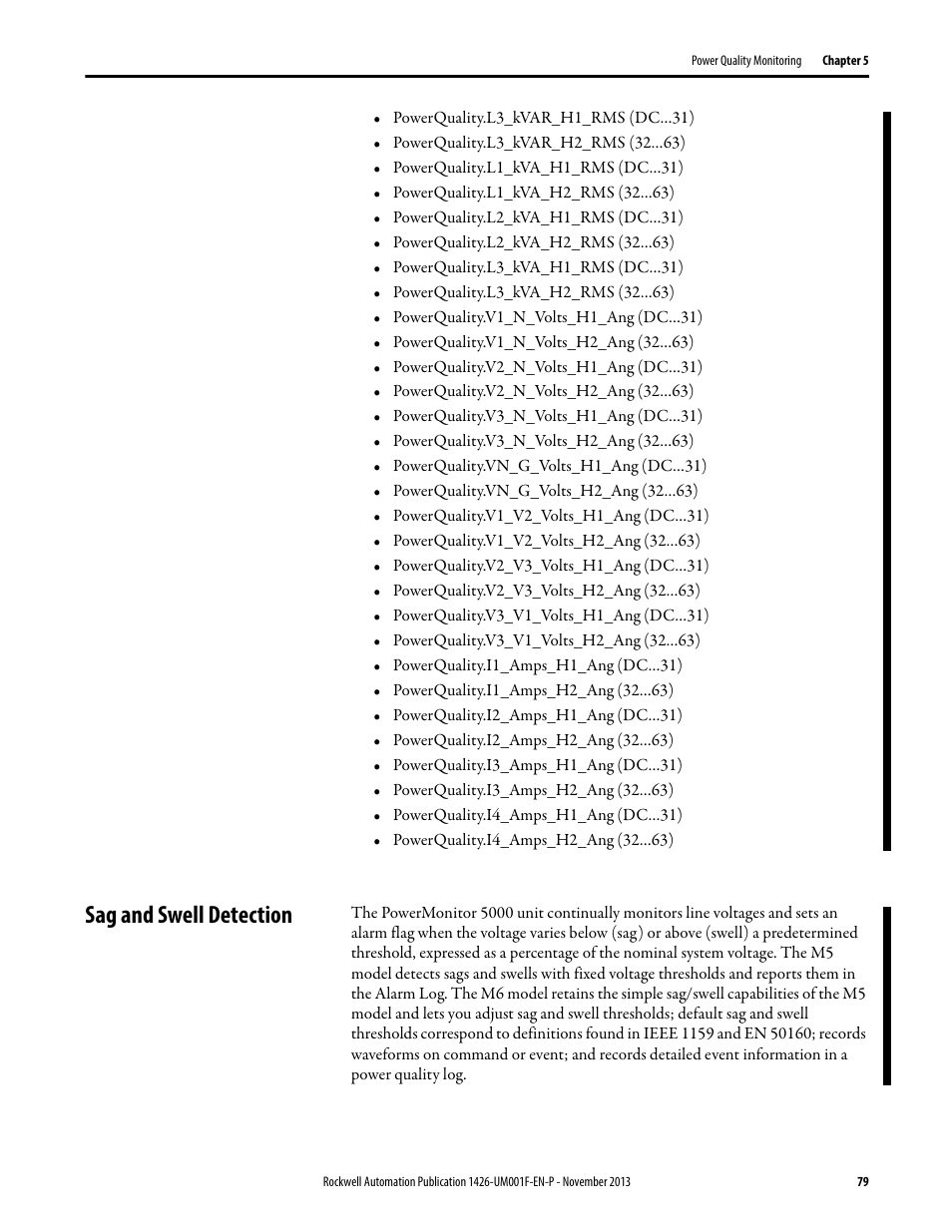 Sag and swell detection | Rockwell Automation 1426 PowerMonitor 5000 Unit User Manual | Page 79 / 396