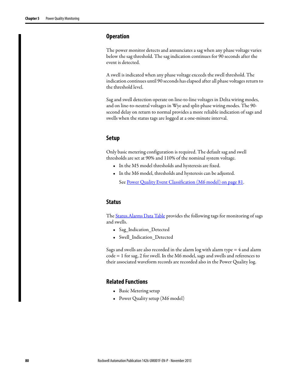 Operation, Setup, Status | Related functions | Rockwell Automation 1426 PowerMonitor 5000 Unit User Manual | Page 80 / 396