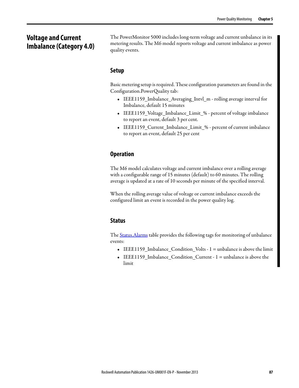 Voltage and current imbalance (category 4.0), Setup, Operation | Status | Rockwell Automation 1426 PowerMonitor 5000 Unit User Manual | Page 87 / 396