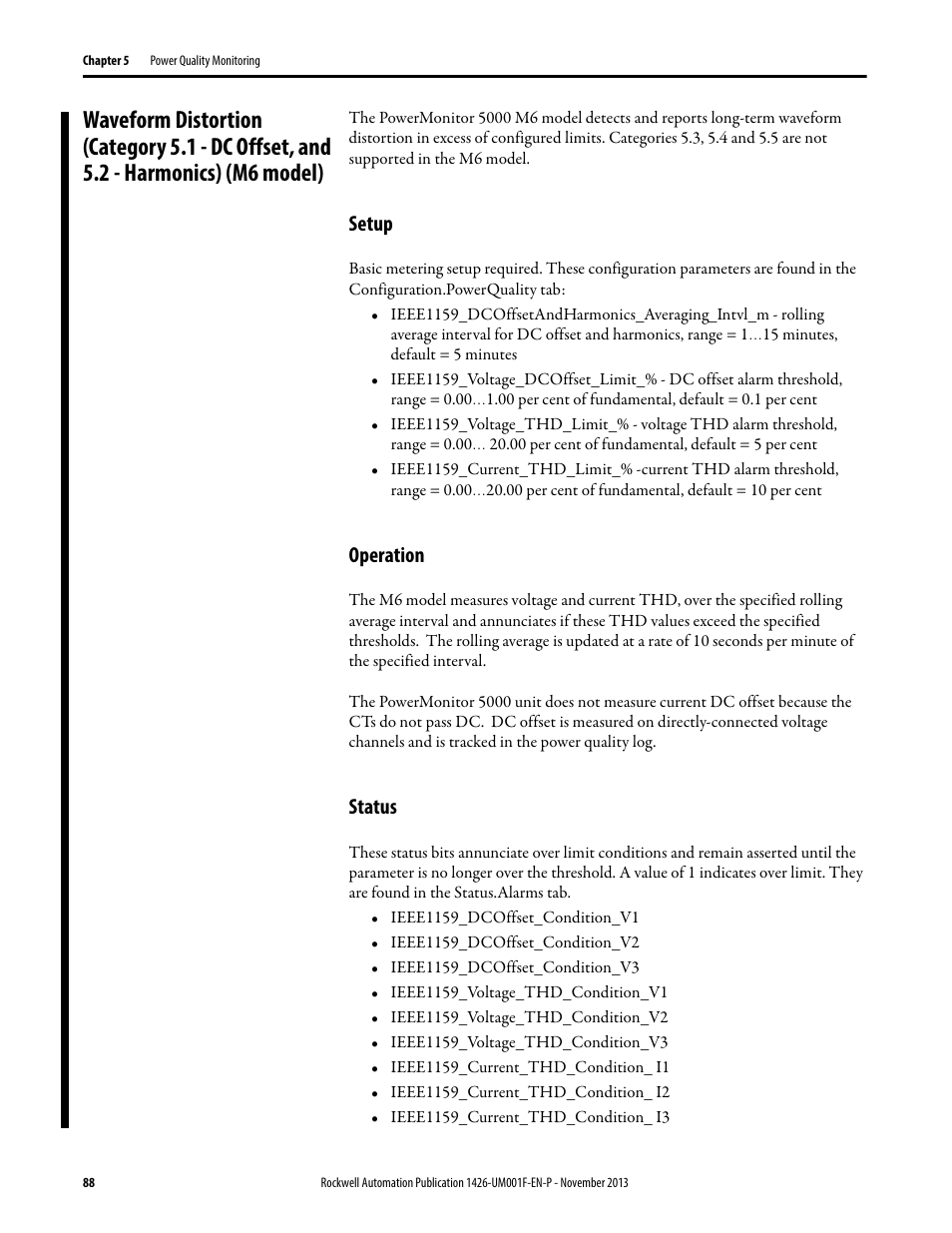 Setup, Operation, Status | Waveform distortion (category 5.1 - dc offset, and | Rockwell Automation 1426 PowerMonitor 5000 Unit User Manual | Page 88 / 396