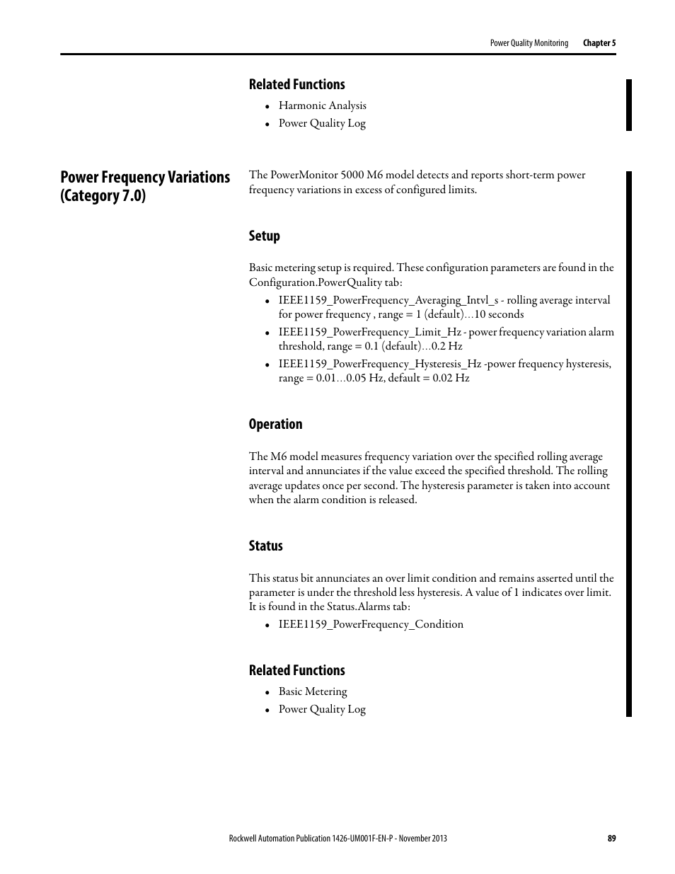 Related functions, Power frequency variations (category 7.0), Setup | Operation, Status | Rockwell Automation 1426 PowerMonitor 5000 Unit User Manual | Page 89 / 396