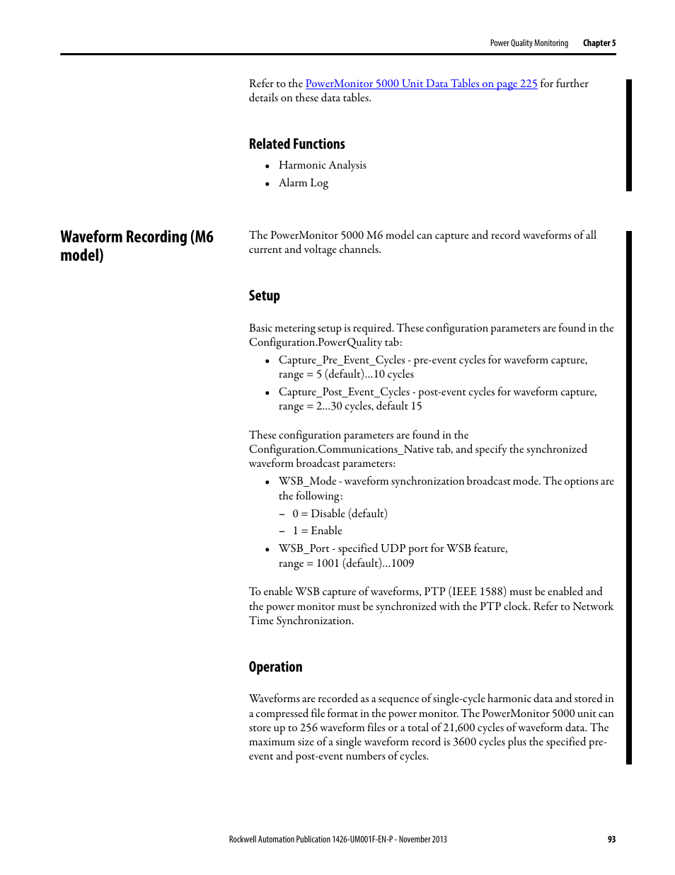 Related functions, Waveform recording (m6 model), Setup | Operation | Rockwell Automation 1426 PowerMonitor 5000 Unit User Manual | Page 93 / 396