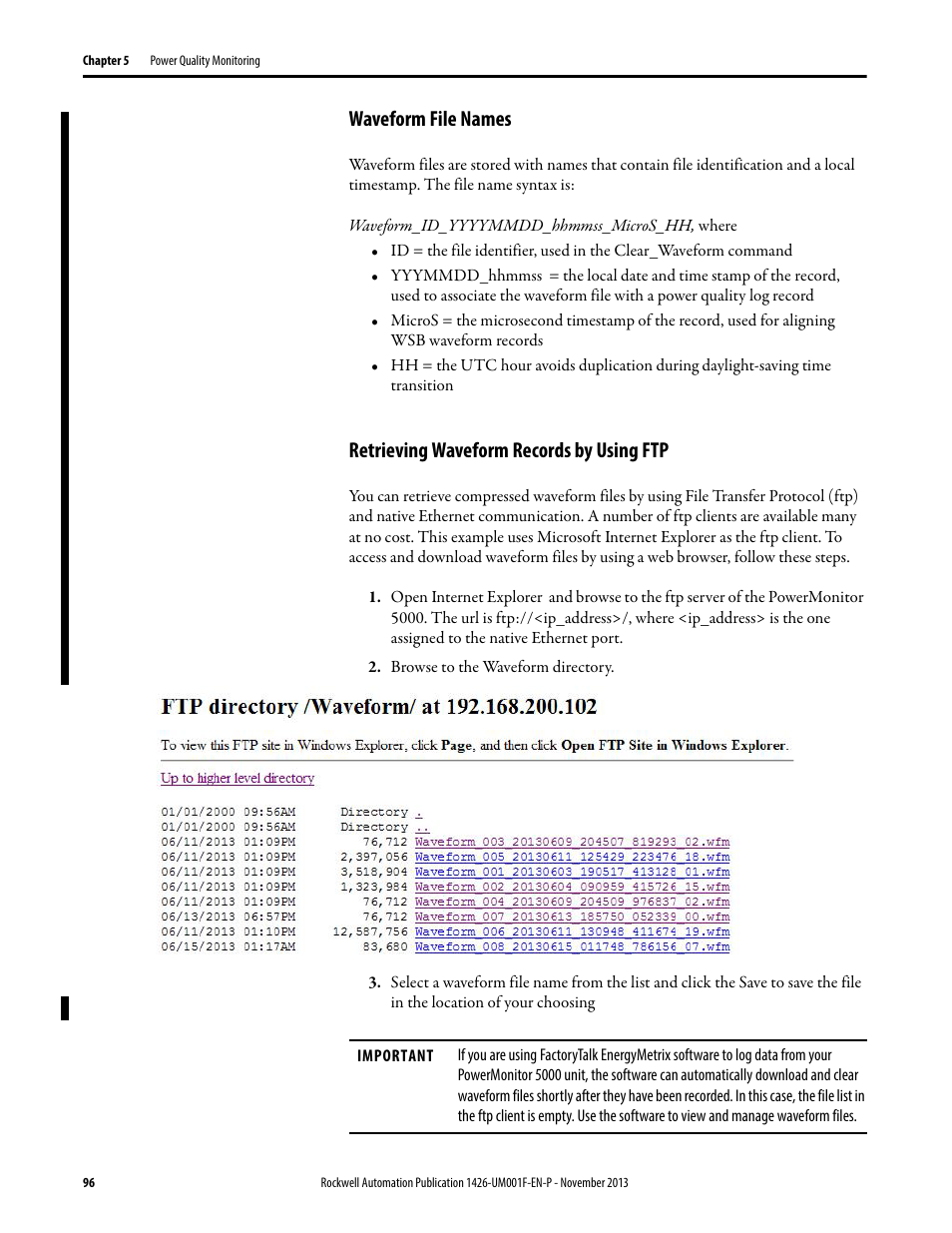 Waveform file names, Retrieving waveform records by using ftp | Rockwell Automation 1426 PowerMonitor 5000 Unit User Manual | Page 96 / 396