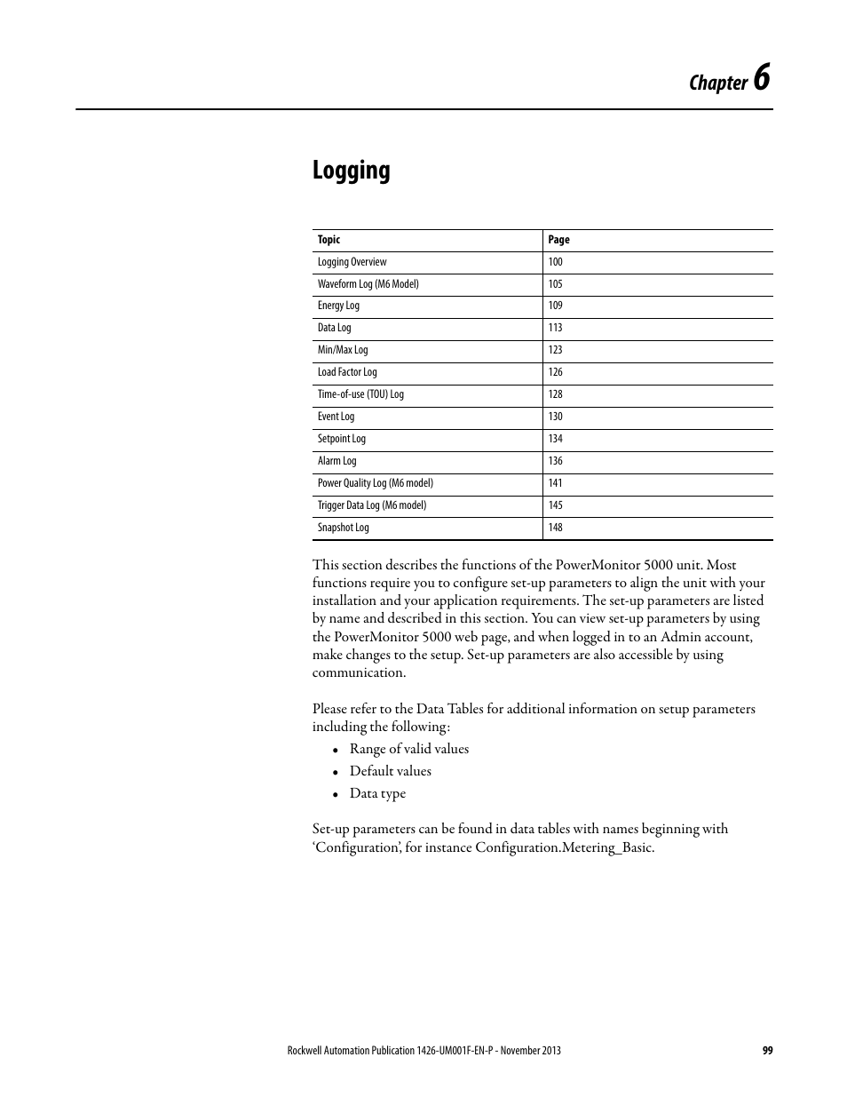 Logging, Chapter 6, Chapter | Rockwell Automation 1426 PowerMonitor 5000 Unit User Manual | Page 99 / 396