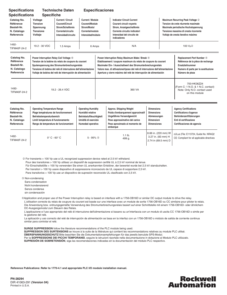 Specifications spécifications, Technische daten specifiche especificaciones | Rockwell Automation 1492-TIFM40F-24-2 Term. Module for use in SIL2 Safety Shutdown Appl. w/2 1756-OB16 User Manual | Page 4 / 4