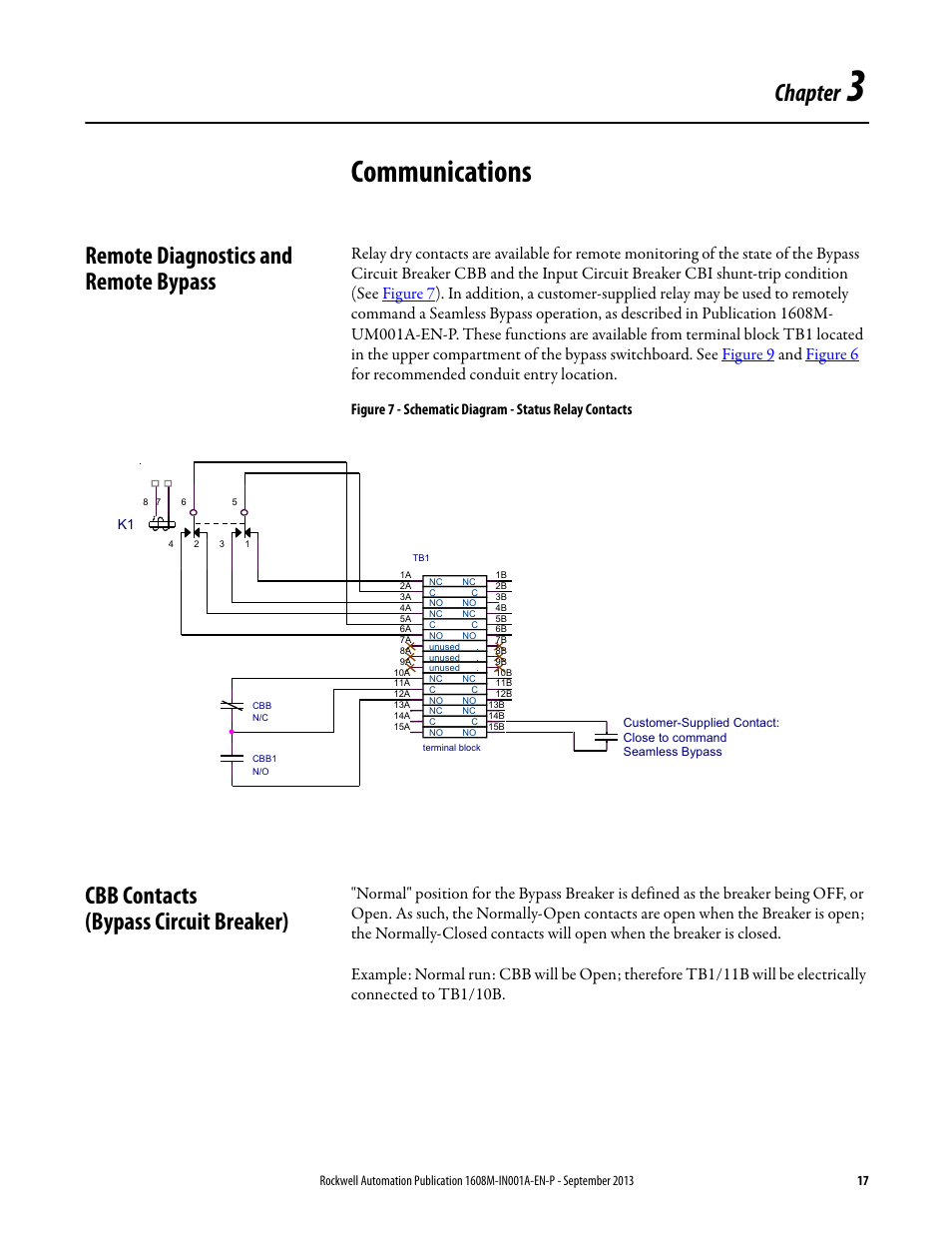 Chapter 3, Communications, Remote diagnostics and remote bypass | Cbb contacts (bypass circuit breaker), Unications, Chapter | Rockwell Automation 1608M MegaDySC Installation Instructions 400 A User Manual | Page 15 / 24