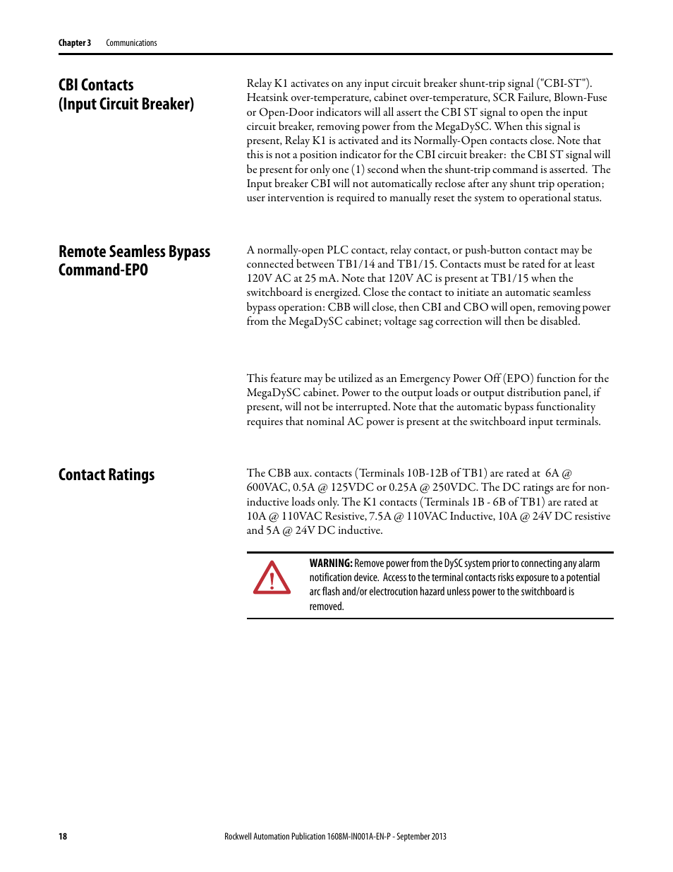 Cbi contacts (input circuit breaker), Remote seamless bypass command-epo, Contact ratings | Rockwell Automation 1608M MegaDySC Installation Instructions 400 A User Manual | Page 16 / 24