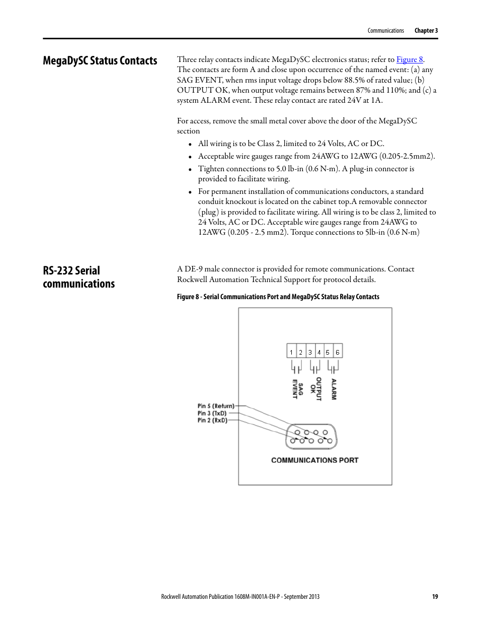 Megadysc status contacts, Rs-232 serial communications | Rockwell Automation 1608M MegaDySC Installation Instructions 400 A User Manual | Page 17 / 24