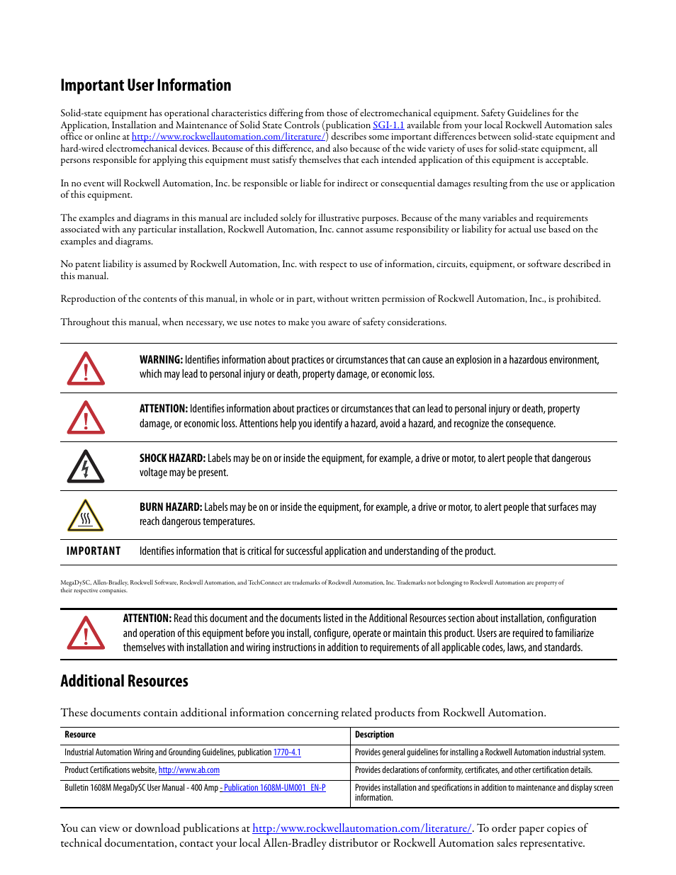 Important user information, Additional resources | Rockwell Automation 1608M MegaDySC Installation Instructions 400 A User Manual | Page 2 / 24