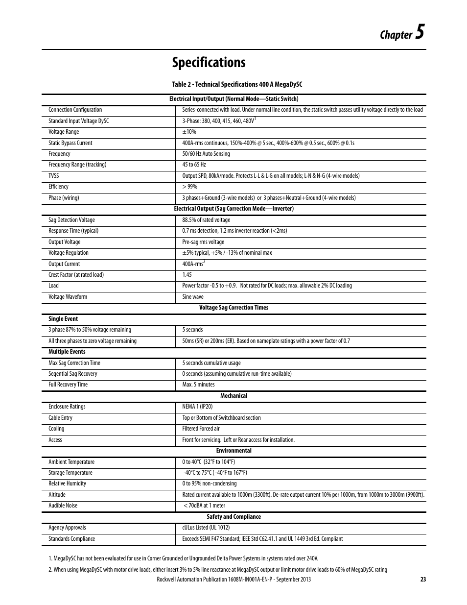 Chapter 5, Specifications, Table 2 - technical specifications 400 a megadysc | Ch 5 - specifications, Chapter | Rockwell Automation 1608M MegaDySC Installation Instructions 400 A User Manual | Page 21 / 24