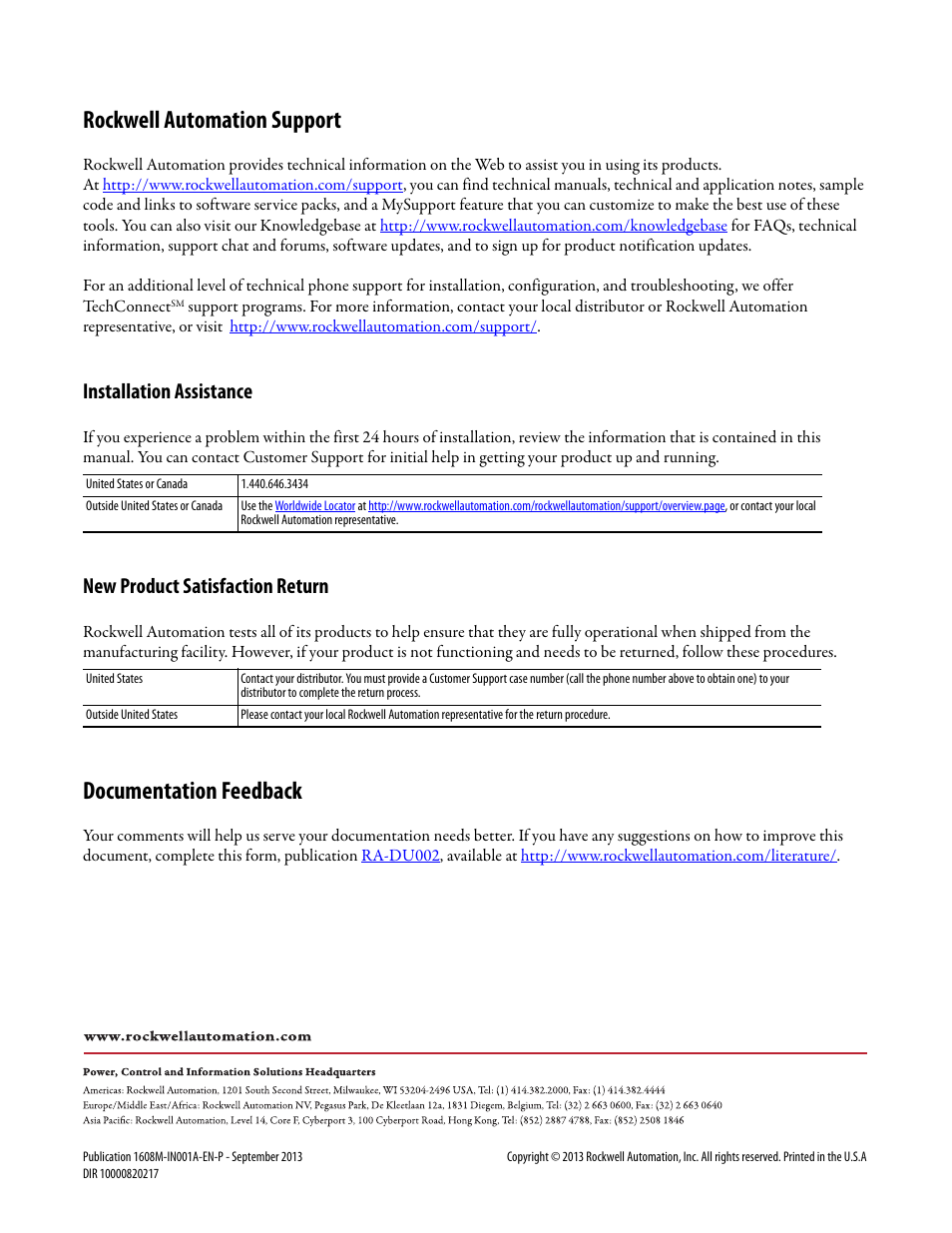 Rockwell automation support, Documentation feedback, Installation assistance | New product satisfaction return | Rockwell Automation 1608M MegaDySC Installation Instructions 400 A User Manual | Page 24 / 24