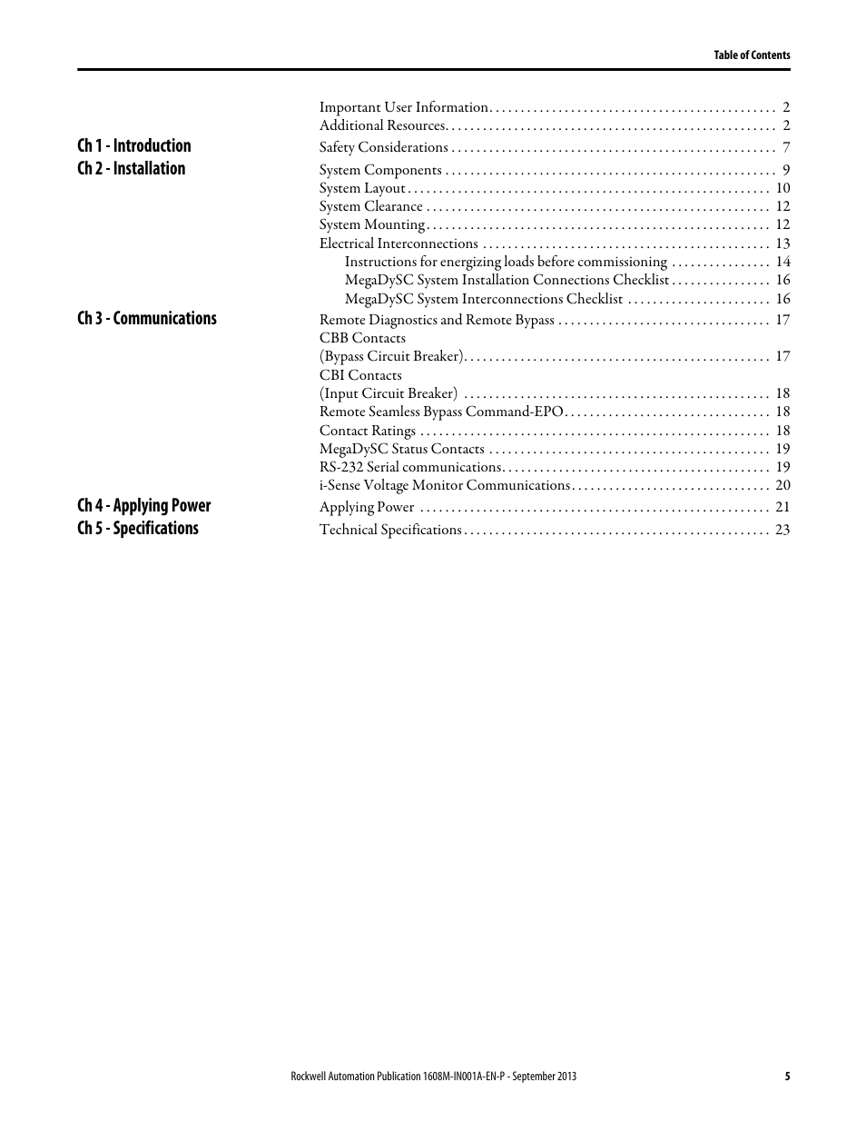 Ch 1 - introduction, Ch 2 - installation, Ch 3 - communications | Ch 4 - applying power, Ch 5 - specifications | Rockwell Automation 1608M MegaDySC Installation Instructions 400 A User Manual | Page 3 / 24