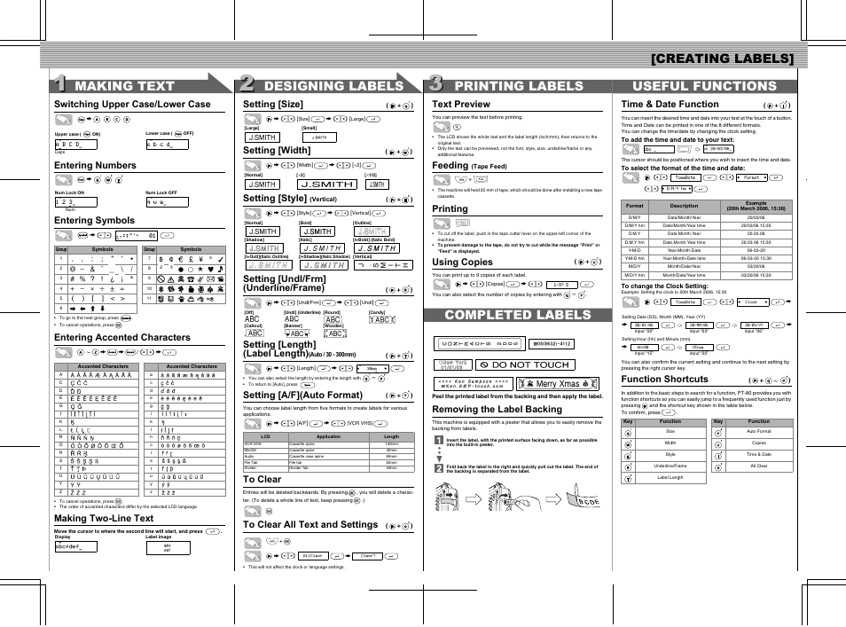 Switching upper case/lower case, Entering numbers, Entering symbols | Entering accented characters, Making two-line text, Setting [size, Setting [width, Setting [style, Setting [undl/frm] (underline/frame), Setting [length] (label length) | Brother P-TOUCH LN9049001 User Manual | Page 2 / 2