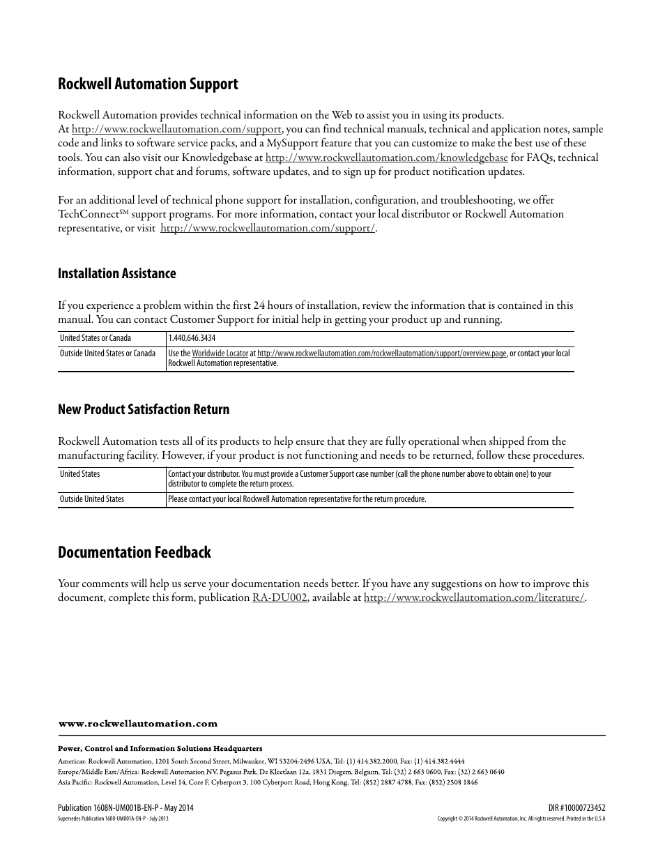 Rockwell automation support, Documentation feedback, Installation assistance | New product satisfaction return | Rockwell Automation 1608N MiniDySC User Manual, 2-6 Amp User Manual | Page 14 / 14