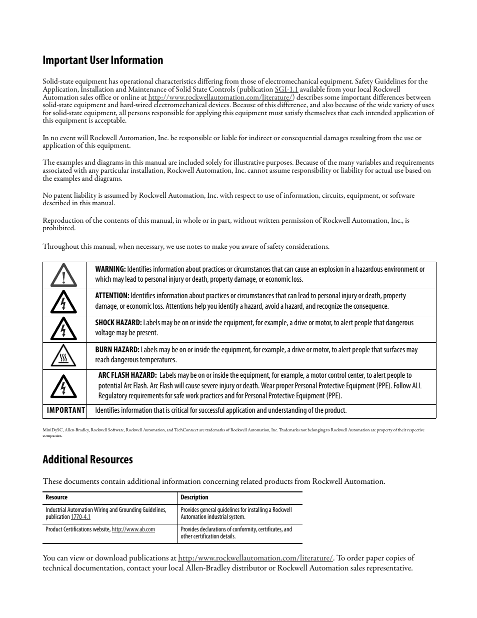 Important user information, Additional resources | Rockwell Automation 1608N MiniDySC User Manual, 2-6 Amp User Manual | Page 2 / 14