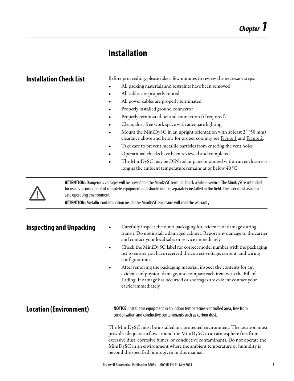 Chapter 1, Installation, Installation check list | Inspecting and unpacking, Location (environment), Ch 1 - installation, Chapter | Rockwell Automation 1608N MiniDySC User Manual, 2-6 Amp User Manual | Page 5 / 14