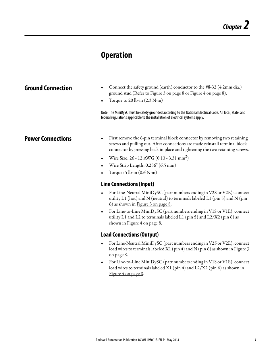 Chapter 2, Operation, Ground connection | Power connections, Line connections (input), Load connections (output), Ch 2-operation, Chapter | Rockwell Automation 1608N MiniDySC User Manual, 2-6 Amp User Manual | Page 7 / 14