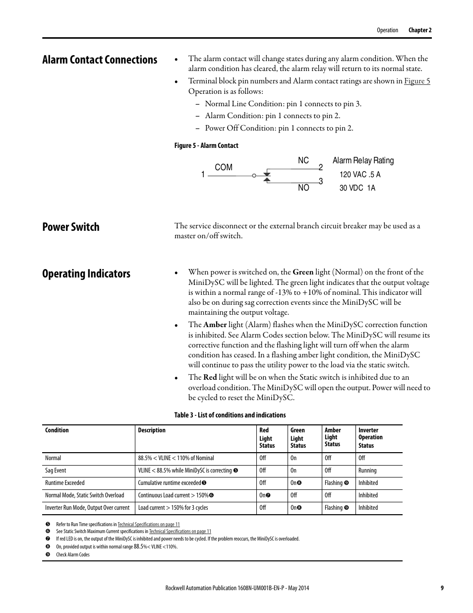 Alarm contact connections, Figure 5 - alarm contact, Power switch | Operating indicators, Table 3 - list of conditions and indications | Rockwell Automation 1608N MiniDySC User Manual, 2-6 Amp User Manual | Page 9 / 14