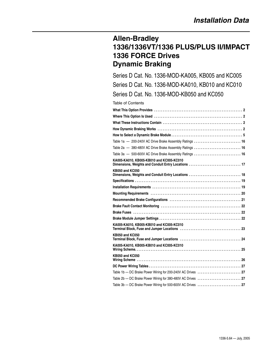 Rockwell Automation 1336_S_F_T Allen-Bradley Dynamic Braking User Manual | 28 pages