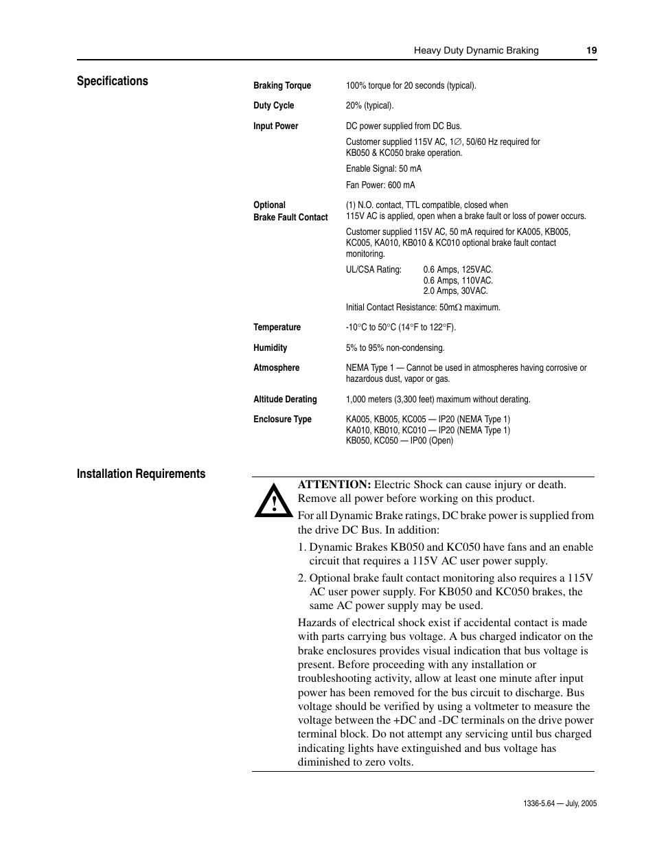 Specifications, Installation requirements | Rockwell Automation 1336_S_F_T Allen-Bradley Dynamic Braking User Manual | Page 19 / 28