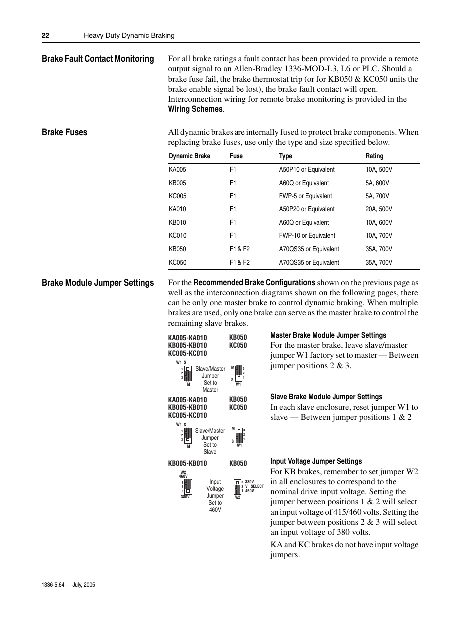 Brake fault contact monitoring, Brake fuses, Brake module jumper settings | Rockwell Automation 1336_S_F_T Allen-Bradley Dynamic Braking User Manual | Page 22 / 28