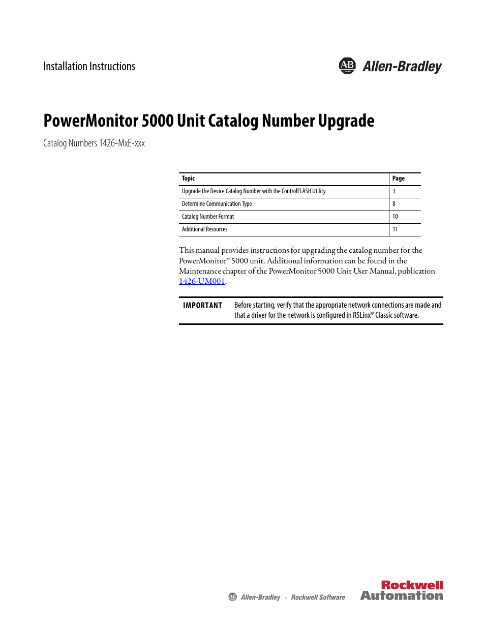 Rockwell Automation 1426-MxE-xxx PowerMonitor 5000 Unit Catalog Number Upgrade Installation Instructions User Manual | 12 pages