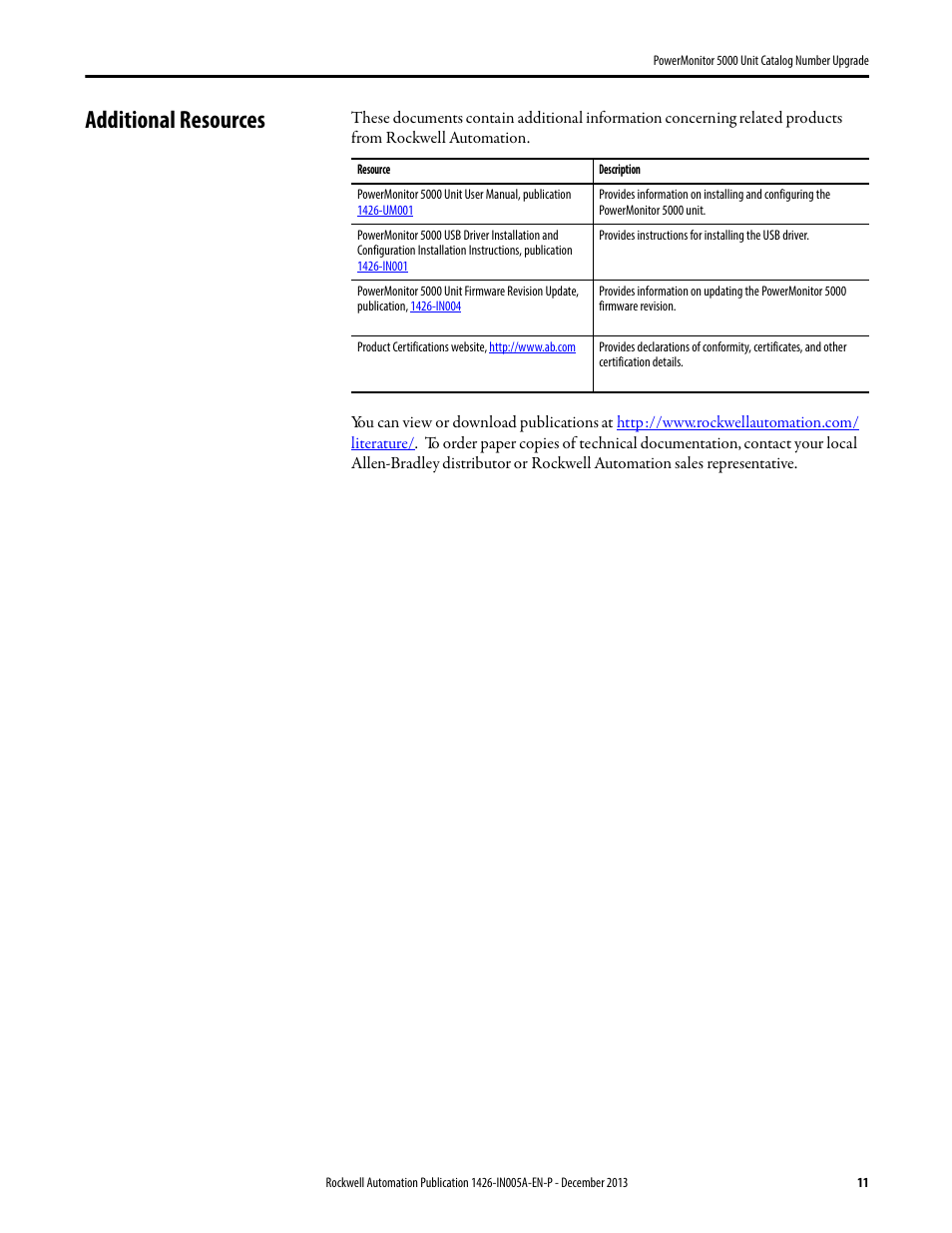 Additional resources | Rockwell Automation 1426-MxE-xxx PowerMonitor 5000 Unit Catalog Number Upgrade Installation Instructions User Manual | Page 11 / 12