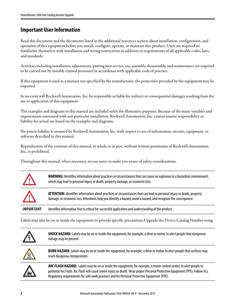 Important user information | Rockwell Automation 1426-MxE-xxx PowerMonitor 5000 Unit Catalog Number Upgrade Installation Instructions User Manual | Page 2 / 12