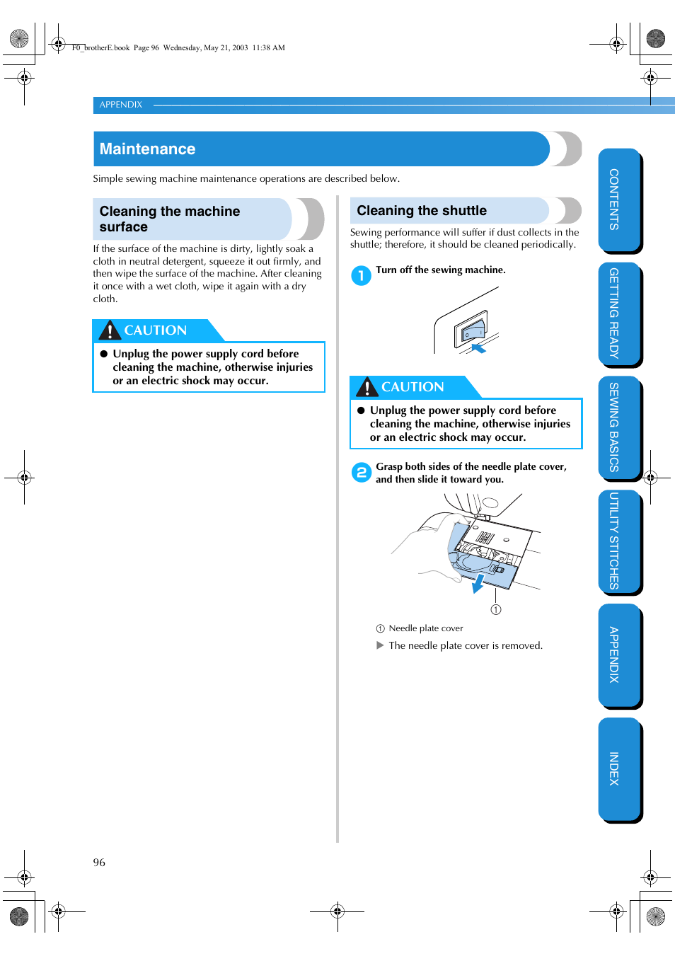 Maintenance, Cleaning the machine surface, Cleaning the shuttle | Cleaning the machine surface cleaning the shuttle, Caution | Brother NX-200 User Manual | Page 102 / 111