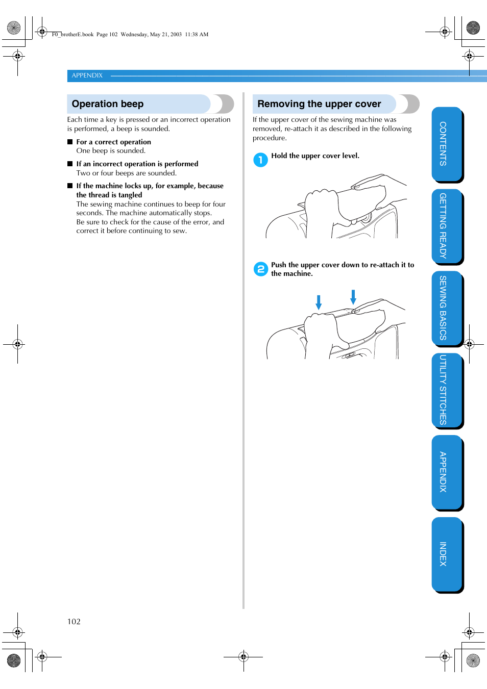 Operation beep, Removing the upper cover, Operation beep removing the upper cover | Brother NX-200 User Manual | Page 108 / 111