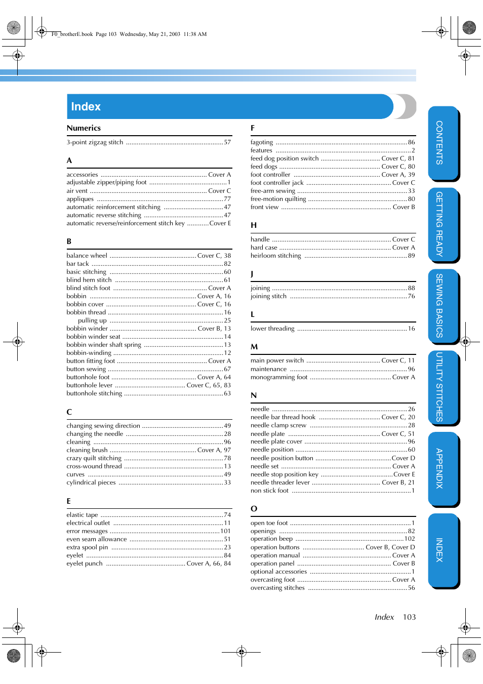Index, Numerics | Brother NX-200 User Manual | Page 109 / 111