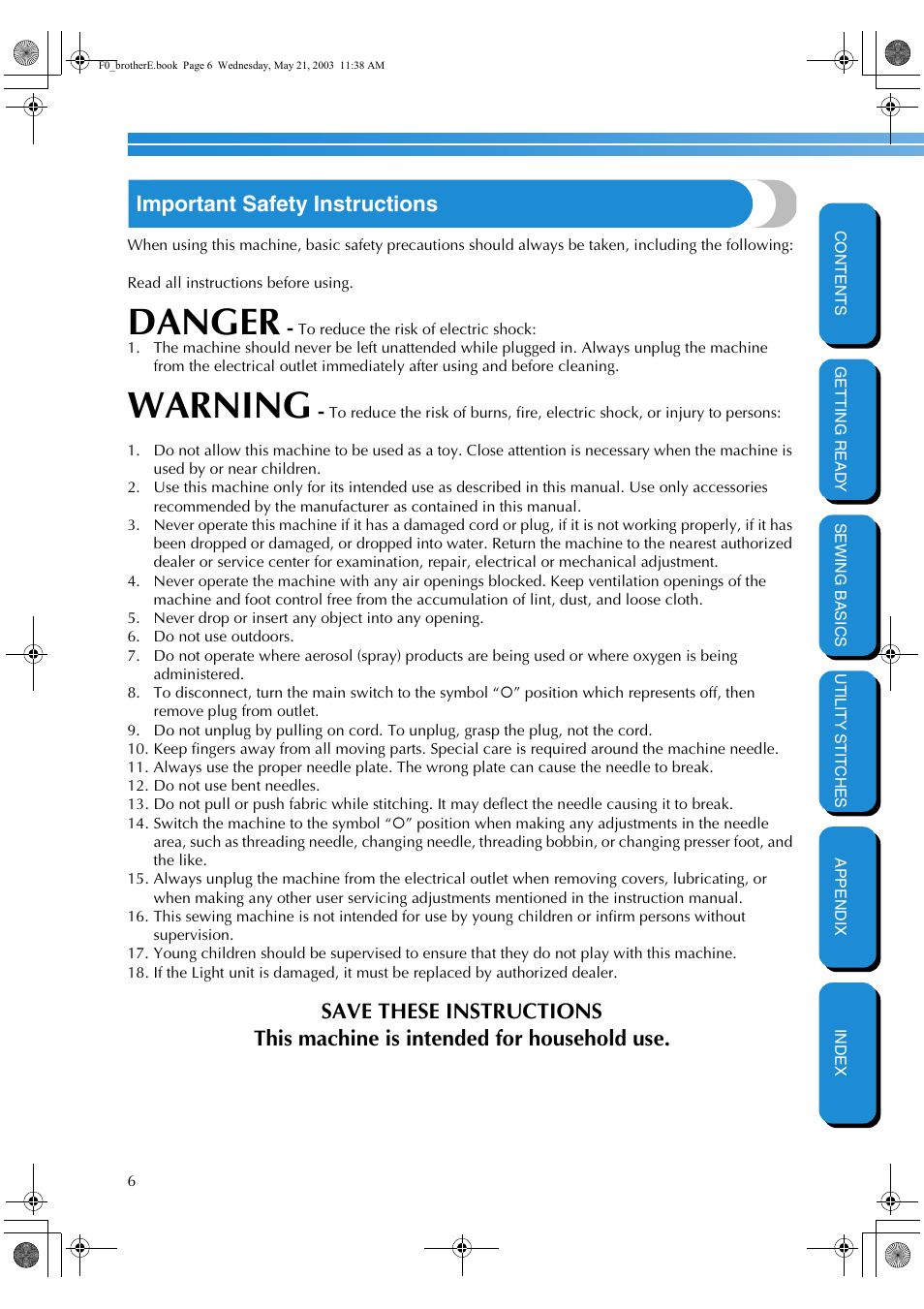 Important safety instructions, Danger, Warning | Brother NX-200 User Manual | Page 12 / 111