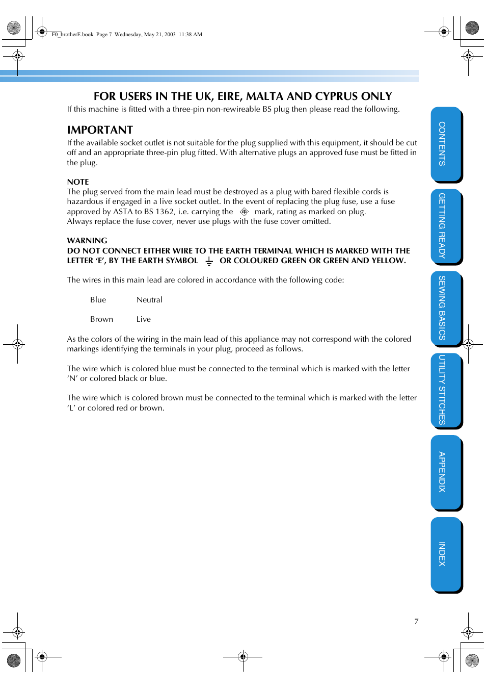 For users in the uk, eire, malta and cyprus only, Important | Brother NX-200 User Manual | Page 13 / 111