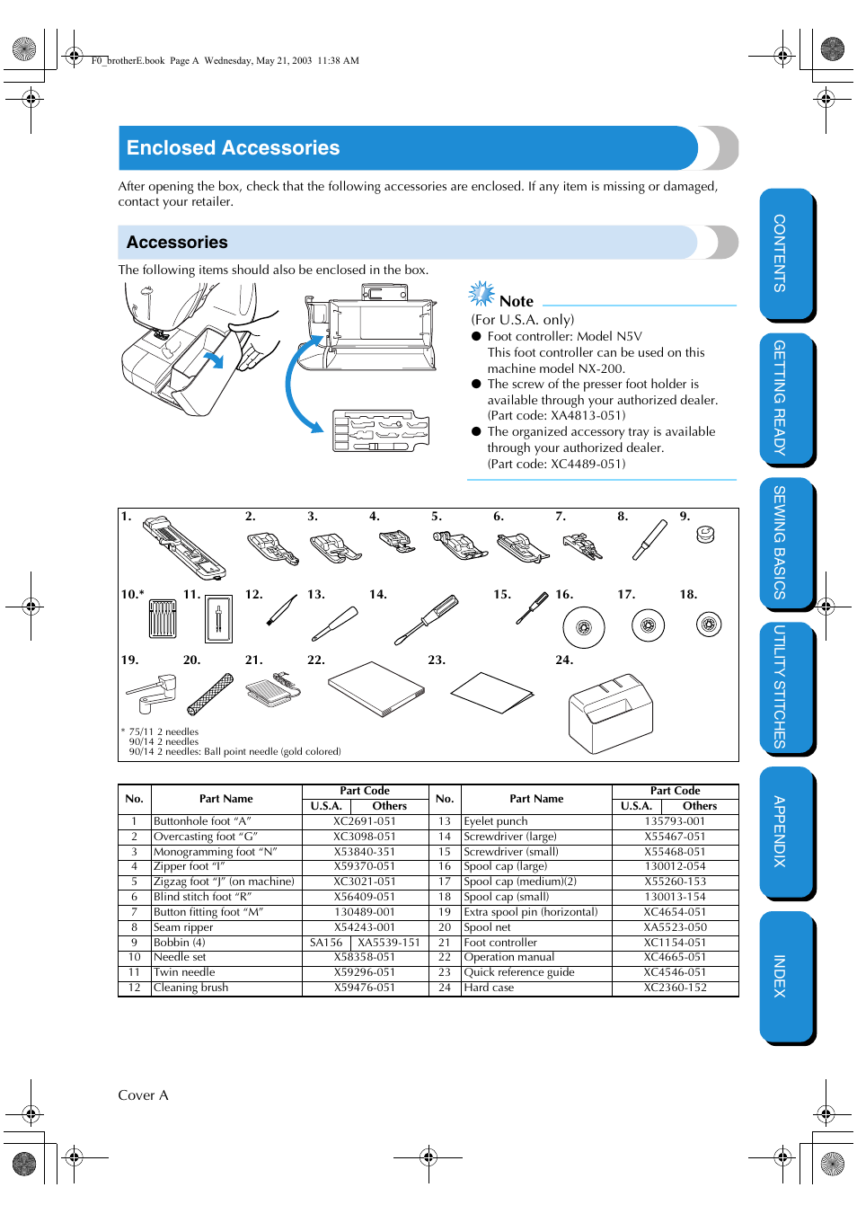 Enclosed accessories, Accessories | Brother NX-200 User Manual | Page 2 / 111