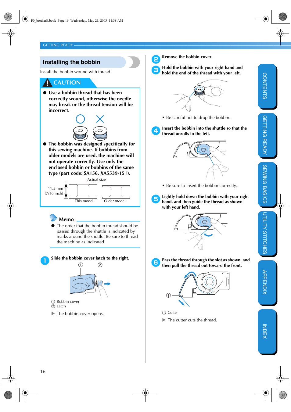 Installing the bobbin, Caution | Brother NX-200 User Manual | Page 22 / 111